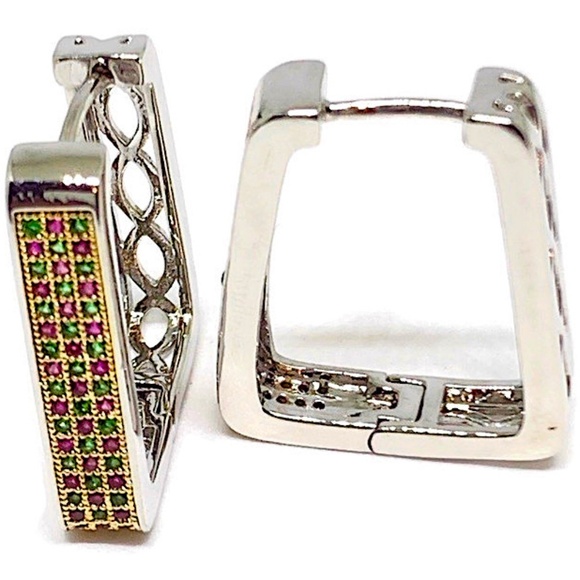 Roma Squares Cz Silver Plated Hoops Earrings - Picture 3 of 5